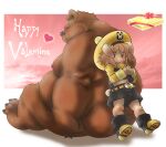  &lt;3 anthro bbn belly big_belly blush bottomwear clothing duo hat headgear headwear holidays humanoid_hands kemono lagomorph leporid male mammal moobs nipples overweight overweight_male rabbit shorts sitting size_difference ursid valentine&#039;s_day 