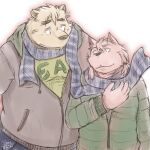 2018 anthro belly big_belly brown_body brown_fur canid canine canis clothing domestic_dog duo fur humanoid_hands kemono male male/male mammal overweight overweight_male scarf simple_background sweater topwear ursid zen_(kemono_artist) 