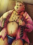  2019 anthro belly big_belly brown_body brown_fur bulge canid canine canis clothing domestic_dog fur humanoid_hands inside kemono male mammal moobs nipples overweight overweight_male solo underwear undressing zen_(kemono_artist) 