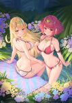  2girls absurdres bikini blonde_hair breasts butt_crack cleavage collarbone eyebrows_visible_through_hair flower from_above hand_on_own_chest hand_on_own_knee highres jewelry ken-san large_breasts long_hair looking_at_viewer multiple_girls mythra_(xenoblade) navel necklace pyra_(xenoblade) red_bikini red_eyes red_hair short_hair side-tie_bikini sitting smile standing string_bikini swimsuit tiara white_bikini xenoblade_chronicles_(series) xenoblade_chronicles_2 yellow_eyes 