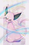  chita_(ketchup) espeon forked_tail from_behind highres looking_at_viewer looking_back no_humans pokemon pokemon_(creature) purple_eyes signature sitting solo tail 