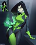  1girl absurdres black_eyes black_hair bodysuit closed_mouth contrapposto covered_navel cowboy_shot english_commentary eyebrows eyelashes forehead gloves glowing green_bodysuit green_gloves highres kim_possible long_hair looking_at_viewer pale_skin photo_inset pointy_nose satelyte_art shego solo standing taut_clothes thighs v-shaped_eyebrows 