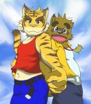  2009 anthro biped bottomwear brown_body canid canine clothing duo eyewear felid glasses hand_holding humanoid_hands kemono kounosuke_(morenatsu) low_res male mammal morenatsu mujina_(artist) pantherine pants pink_nose raccoon_dog shirt slightly_chubby tanuki tiger topwear torahiko_(morenatsu) video_games visual_novel 