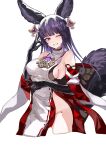  1girl absurdres animal_ears black_gloves black_hair breasts cosplay detached_sleeves double_fox_shadow_puppet earrings elbow_gloves erune eyebrows_visible_through_hair fox_shadow_puppet genshin_impact gloves granblue_fantasy highres jewelry large_breasts long_hair looking_at_viewer one_eye_closed parted_lips pelvic_curtain pendant purple_eyes sas_(ls08b) shirt side_slit sleeveless sleeveless_shirt smile solo tail white_background white_shirt wide_sleeves yae_miko yae_miko_(cosplay) yuel_(granblue_fantasy) 