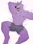  2022 abs anthro bedroom_eyes belt bernard_(ok_k.o.!_lbh) biceps bottomwear bulge canid canine cartoon_network clothed clothing damaged_clothing fur hand_behind_head hi_res jrjresq looking_at_viewer lying male mammal muscular muscular_anthro muscular_male narrowed_eyes nipples ok_k.o.!_let&#039;s_be_heroes on_back open_mouth pecs pinup pose presenting purple_body purple_fur quads seductive sharp_teeth shorts skimpy solo teeth tongue topless topless_anthro topless_male torn_clothing triceps were werecanid werecanine werewolf yellow_sclera 