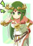  absurdres armlet bangs bare_shoulders breasts collar dress forehead_jewel goddess gold green_eyes green_hair highres jewelry kid_icarus kid_icarus_uprising laurel_crown long_hair merugamu_melgum palutena parted_bangs pendant side_slit single_thighhigh strapless strapless_dress thighhighs vambraces very_long_hair white_dress 