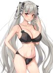  1girl amagi_(amagi626) arm_behind_back azur_lane black_bra black_nails black_panties blush bra breasts cleavage collarbone commentary_request earrings formidable_(azur_lane) grey_hair hand_on_own_face highres jewelry large_breasts lingerie long_hair looking_at_viewer navel panties red_eyes simple_background smile solo twintails underwear upper_body very_long_hair white_background 
