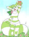  3_toes 4_fingers absurd_res anthro big_tail black_nose blush breasts clothed clothing crotch_tuft featureless_breasts feet female fingers flower fur furret green_body green_eyes green_fur green_hair hair hi_res hybrid inner_ear_fluff legendary_pok&eacute;mon looking_at_viewer niima_(shaymin) nintendo open_mouth plant pok&eacute;mon pok&eacute;mon_(species) shaymin shikaro simple_background sky_forme_shaymin solo teeth toes tongue tuft video_games 