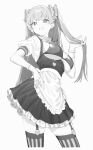  1girl apron blush bow contrapposto eyebrows_visible_through_hair fingernails frills garter_belt greyscale hair_bow hand_in_own_hair hand_on_hip heart highres kona_ming lina_(michihasu) long_hair maid maid_apron monochrome original puffy_sleeves simple_background skindentation smile solo striped striped_bow striped_legwear teeth twintails white_background 