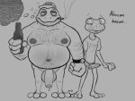  amphibian anthro balls clothed clothing drunk duo erection erection_under_clothing father foreskin frog genitals hat headgear headwear hi_res male monochrome mysterygoo overweight parent penis shirt smoking son substance_intoxication topwear underwear 
