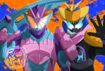  2boys animal_hood armor blue_eyes bow_(weapon) extra_eyes highres hood japanese_armor kamakiri_genome kamen_rider kamen_rider_revi kamen_rider_revice kamen_rider_vice miyabi_(037) multiple_boys orange_armor orange_eyes pink_armor praying_mantis samurai stamp_mark tokusatsu visor vistamp weapon 