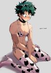  1boy animal_ears animal_print bell bikini blush boku_no_hero_academia boots cho_mo_futoshi collar cow_ears cow_horns cow_print crossdressing dated freckles frown green_hair grey_background hand_on_ground high_heels highres horns male_focus midoriya_izuku neck_bell on_ground scar scar_on_arm simple_background solo swimsuit thigh_boots thighhighs 