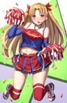  1girl absurdres alternate_costume bangs bare_shoulders blonde_hair blush character_name cheerleader detached_sleeves ereshkigal_(fate) eyebrows_visible_through_hair fate/grand_order fate_(series) full_body hair_ornament highres long_hair long_sleeves open_mouth parted_bangs pom_pom_(cheerleading) red_eyes red_legwear smile thighhighs toukan twintails white_footwear 