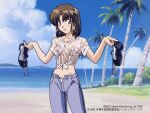  1990s_(style) 1996 1girl bangs beach blue_eyes blush bow bow_panties breasts brown_hair cloud collarbone day embarrassed holding holding_shoes lilith_(megami_paradise) looking_at_viewer megami_paradise navel nipples no_bra ocean official_art open_mouth outdoors panties pants parted_bangs retro_artstyle see-through see-through_shirt shirt shoes short_hair sky solo standing tied_shirt tree underwear wet wet_clothes wet_hair wet_shirt yamauchi_noriyasu 