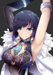  1girl absurdres armpits arms_up bangs black_gloves blue_dress blue_hair breasts cleavage diagonal_bangs dice dress earrings elbow_gloves eyebrows_visible_through_hair feather-trimmed_jacket fur_trim genshin_impact gloves green_eyes highres jacket jewelry large_breasts looking_at_viewer mole mole_on_breast multicolored_hair neck_tassel short_hair single_elbow_glove sleeveless sleeveless_dress smile solo sudhiro_sappurisa two-tone_hair upper_body white_jacket yelan_(genshin_impact) 