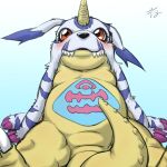  animal_skin anthro bandai_namco belly belly_markings blush digimon digimon_(species) fangs fur gabumon hi_res horn looking_at_viewer male markings red_eyes scalie slightly_chubby solo striped_body striped_fur stripes tsuchinoko_(artist) yellow_body 