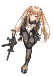  1girl absurdres black_footwear black_jacket black_legwear brown_eyes brown_hair fingerless_gloves girls&#039;_frontline gloves gun h&amp;k_ump hair_ornament hairclip highres jacket long_sleeves mutugorou_u scar scar_across_eye shirt sitting solo submachine_gun twintails ump9_(girls&#039;_frontline) weapon white_shirt 