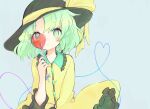  1girl black_headwear blouse bow buttons candy collared_blouse commentary_request diamond_button food frilled_shirt_collar frilled_sleeves frills green_eyes green_hair grey_background hand_up hat hat_bow heart heart_of_string koishi_day komeiji_koishi lollipop long_sleeves m_(m073111) medium_hair shaped_lollipop simple_background solo touhou wavy_hair wide_sleeves yellow_blouse yellow_bow 