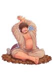  04sora40 1boy abs bangs bara barefoot beard belly brown_hair bulge facial_hair full_body jacket male_focus mature_male muscular muscular_male navel navel_hair nipples open_clothes open_jacket original pectoral_cleavage pectorals plump short_hair solo stomach stretch sweat tearing_up waking_up yawning 