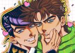  2boys anchor_symbol battle_tendency black_hair blue_eyes brown_hair cheek_squash diamond_wa_kudakenai father_and_son heart higashikata_josuke highres jjba_kk jojo_no_kimyou_na_bouken joseph_joestar joseph_joestar_(young) male_focus multiple_boys peace_symbol pompadour purple_eyes purple_hair sprinkles time_paradox 