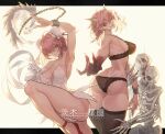  2girls absurdres animal arm_up armpits ass bandaged_arm bandages bangs black_bra black_legwear black_panties bra breasts bun_cover chain character_name claws cleavage copyright_name cuffs double_bun fingernails highres horns ibaraki_douji&#039;s_arm ibaraki_kasen joker_(stjoker) large_breasts lingerie long_fingernails looking_at_viewer multiple_girls panties pink_eyes pink_hair pink_nails red_footwear shackles short_hair short_sleeves simple_background skeleton thighhighs thighs touhou underwear yellow_background 