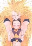  1boy 1girl black_hair blonde_hair blue_eyes chi-chi_(dragon_ball) closed_eyes dragon_ball dragon_ball_z highres hug itodragonball long_hair looking_at_viewer smile son_goku spark super_saiyan super_saiyan_3 