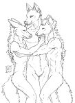  2017 aardwolf anthro arm_around_back athletic athletic_anthro athletic_male biped black_and_white butt_tuft canid canine cheek_tuft chest_tuft crotch_tuft cuddling dated facial_tuft fox front_view group hair half-closed_eyes hand_on_chest hyaenid inner_ear_fluff male mammal mane maned_wolf monochrome narrowed_eyes neck_tuft shoulder_tuft side_view signature skyelegs smile tongue tongue_out trio tuft 