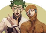  2boys bodysuit cioccolata facepaint finger_to_mouth green_eyes green_hair grin highres hospital_0434 jojo_no_kimyou_na_bouken male_focus multiple_boys oasis_(stand) purple_eyes secco smile stand_(jojo) vento_aureo 