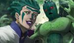  1boy 2boys cioccolata earrings evil_grin evil_smile facepaint facial_mark fog green_day_(stand) green_eyes green_hair grin highres hospital_0434 jewelry jojo_no_kimyou_na_bouken lipstick makeup male_focus multiple_boys purple_lips smile smoke stand_(jojo) striped vento_aureo vertical_stripes 