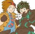  2boys arm_around_back belt black_belt black_bodysuit black_eyes blue_shirt bodysuit boku_no_hero_academia brown_coat brown_hair coat collared_shirt eyewear_on_head flower freckles from_below green_eyes green_hair heart highres lapel_flower looking_at_viewer male_focus mask mask_removed midoriya_izuku multicolored_necktie multiple_boys necktie no_control open_mouth patch rody_soul shirt simple_background smile striped_necktie sunglasses white_background 