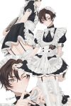  1boy apron black_dress bow bowtie brown_hair closed_mouth commentary_request crossdressing dress frilled_apron frills garter_straps grey_eyes heart heart_hands highres holding holding_tray looking_at_viewer maid maid_apron maid_headdress male_focus megechan mole mole_under_eye multiple_views one_eye_closed original puffy_short_sleeves puffy_sleeves short_hair short_sleeves simple_background smile thighhighs tray twitter_username white_apron white_background white_bow white_bowtie white_legwear 