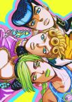  1girl 2boys anchor_symbol aqua_eyes black_hair blonde_hair blue_eyes braid braided_ponytail diamond_wa_kudakenai double_bun giorno_giovanna green_eyes green_hair green_lips hair_cones higashikata_josuke highres jjba_kk jojo_no_kimyou_na_bouken kujo_jolyne lying male_focus multicolored_hair multiple_boys on_back pompadour stone_ocean two-tone_hair upside-down vento_aureo 