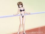  1990s_(style) 1996 1girl bangs bikini black_bikini blue_eyes breasts brown_hair cleavage closed_mouth high_heels indoors lilith_(megami_paradise) looking_at_viewer megami_paradise navel official_art parted_bangs retro_artstyle short_hair solo standing swimsuit white_footwear wooden_floor yamauchi_noriyasu 