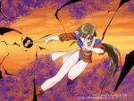  1996 1girl anjela attack brown_hair hair_tubes hammer long_hair long_pointy_ears looking_at_viewer megami_paradise official_art pointy_ears red_eyes shoes short_sleeves sidelocks simple_background solo very_long_hair white_background yamauchi_noriyasu 