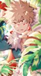  1boy absurdres akino_(aki_ktdk) bakugou_katsuki blonde_hair blood blood_on_face blurry blurry_foreground boku_no_hero_academia character_name depth_of_field earrings facial_mark fingerless_gloves fur_collar gloves green_jacket happy_birthday highres holding jacket jewelry leaf looking_at_viewer male_focus orange_gloves outdoors plant red_eyes solo spiked_hair 