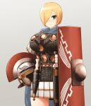  1girl armor blonde_hair blue_eyes breasts chainmail gentry_kichida gladius hair_over_one_eye headwear_removed helmet helmet_removed highres holding holding_helmet huge_breasts legionnaire original roman_clothes roman_empire scabbard sheath sheathed shield short_hair smile solo sword weapon 