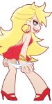  1girl backless_dress backless_outfit bent_over blonde_hair blue_eyes bracelet dress from_behind high_heels jewelry mike_inel official_style panties panty_&amp;_stocking_with_garterbelt panty_(psg) panty_pull profile red_dress short_dress solo transparent_background underwear white_panties 
