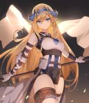  1girl arknights bangs bare_shoulders blonde_hair blue_eyes braid commentary cowboy_shot elbow_gloves eyebrows_visible_through_hair fingerless_gloves flag gloves hair_between_eyes highres holding holding_flag horns kiso_(wjnomcuzqmdjcql) long_hair looking_at_viewer pointy_ears saileach_(arknights) shirt single_braid smile solo standing thighhighs thighs very_long_hair white_shirt 
