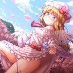  1girl bangs blonde_hair blue_eyes blue_sky blush bow capelet closed_mouth clothes_lift cloud dress dress_lift fairy_wings highres leg_up lily_white long_hair long_sleeves looking_down outdoors panties petals red_bow side-tie_panties sky solo sweatdrop touhou transparent_wings underwear white_capelet white_dress white_headwear white_panties wings yoriyuki_chiyo 