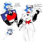  2022 android animatronic anthro armwear black_nose blue_body blue_fur bow_tie cheek_tuft claws clothing colored dialogue digital_drawing_(artwork) digital_media_(artwork) elbow_gloves english_text eyebrows eyelashes facial_tuft female fur gloves hair handwear hat headgear headwear hi_res jacket kaita_(the-hydroxian) lipstick machine makeup monotone_background prick_ears pupils red_pupils restricted_palette robot sharp_teeth simple_background smile solo teeth text the-hydroxian topwear tuft white_background white_hair 