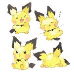 &gt;_&lt; black_tail closed_eyes fluffy newo_(shinra-p) o_o open_mouth pichu pokemon scratches simple_background sleeping yellow_fur zzz 