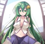  1girl bangs blue_skirt breasts cleavage collared_shirt eyebrows_visible_through_hair flying_sweatdrops green_eyes green_hair hair_ornament hair_tubes highres kochiya_sanae large_breasts long_hair looking_at_viewer navel open_mouth ryogo shirt sitting skirt solo touhou white_shirt 