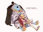  2boys black_hair covered_face crossed_arms hat hoyano_(maimai) japanese_clothes jinbe_(one_piece) kimono male_focus monkey_d._luffy multiple_boys on_lap one_piece robe sleeping 