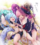  2girls :d artist_name blue_hair breasts brown_eyes cleavage commentary_request drill_hair drooling eyebrows_visible_through_hair fa_(rpg_fudousan) from_above hamayumiba_sou hat holding holding_staff kazairo_kotone looking_at_viewer lying multiple_girls official_art on_back pink_hair rpg_fudousan second-party_source sleeping smile staff twin_drills witch_hat 
