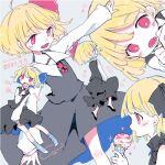  +_+ 1girl alternate_costume artist_name black_ribbon black_skirt black_vest blonde_hair blue_ribbon blush candy collared_shirt commentary_request dated eyebrows_visible_through_hair food frilled_sleeves frills grey_background hair_ribbon highres ice_cream lollipop long_sleeves m_(m073111) medium_hair multiple_views outstretched_arms red_eyes red_ribbon ribbon rumia saliva sharp_teeth shirt shoes skirt sleeveless socks sparkle spread_arms star_(symbol) striped striped_legwear teeth touhou translation_request twitter_username vest white_shirt 
