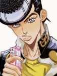  1boy anchor_symbol black_hair blue_eyes box desk diamond_wa_kudakenai drinking_straw earrings gakuran heart higashikata_josuke highres holding holding_box jewelry jjba_kk jojo_no_kimyou_na_bouken juice_box lips looking_at_viewer pompadour school_uniform solo 