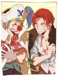  2boys blue_hair buggy_the_clown clenched_teeth clown_nose highres hoyano_(maimai) looking_at_another male_focus multiple_boys one_piece red_hair scar scar_on_face shanks smile sword teeth weapon 