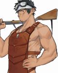  1boy bandaid bandaid_on_face bandaid_on_nose bara dirty dirty_face facial_hair goatee goggles goggles_on_head highres jewelry laserbiubiu looking_at_viewer male_focus mature_male muscular muscular_male naked_overalls necklace nipple_slip nipples original over_shoulder overalls pectorals short_hair sideburns sidepec solo stubble upper_body 