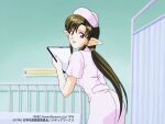  1990s_(style) 1girl anjela ass brown_eyes brown_hair clipboard dress hair_tubes hat holding indoors leaning_forward long_hair long_pointy_ears looking_at_viewer megami_paradise nurse nurse_cap official_art open_mouth pink_dress pointy_ears red_eyes retro_artstyle short_sleeves solo standing yamauchi_noriyasu 