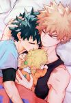  2boys absurdres akino_(aki_ktdk) bakugou_katsuki bed_sheet black_tank_top blonde_hair blue_shirt boku_no_hero_academia closed_eyes freckles green_hair hand_in_another&#039;s_hair highres holding_baby jewelry looking_at_viewer lying male_focus midoriya_izuku multiple_boys on_back one_eye_closed pillow red_eyes ring scar scar_on_arm shirt sleeping spiked_hair t-shirt tank_top wedding_band yaoi 